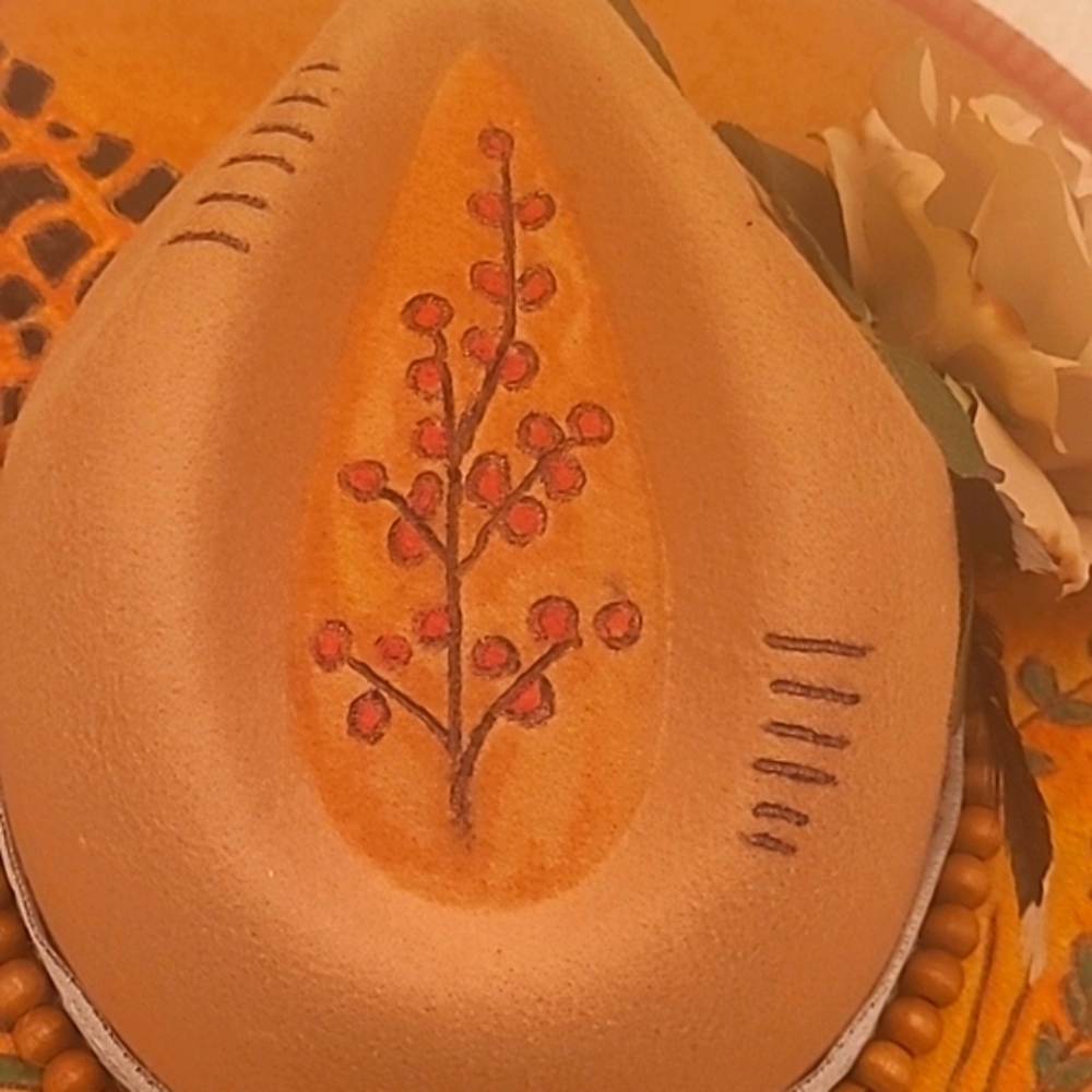 Hand Crafted Beige Orange Floral Bolero Hat Burned Outlines  Feathers Flowers - Picture 15 of 15